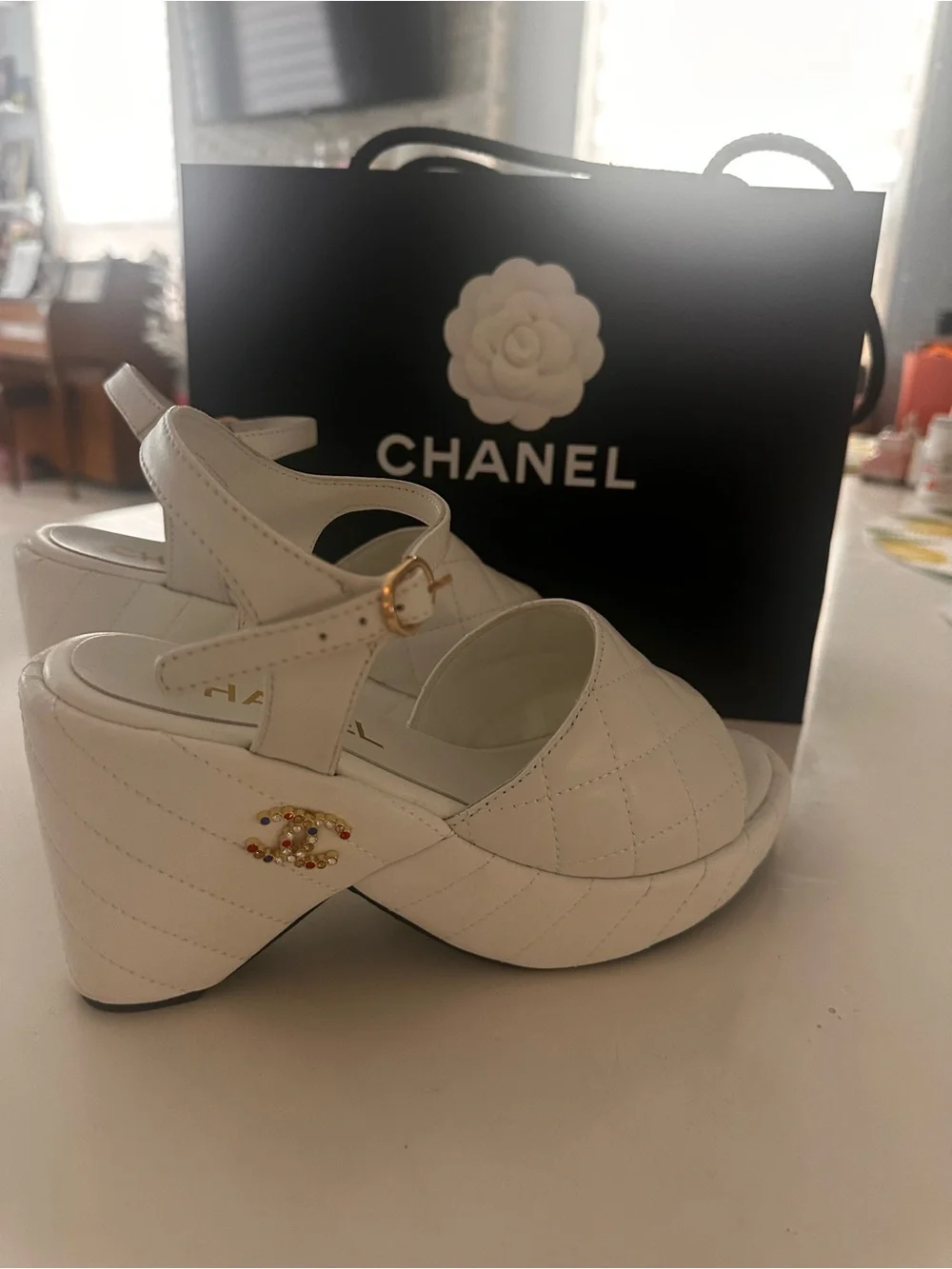 CHANEL White Quilted Leather Slingback Block Heel Sandals